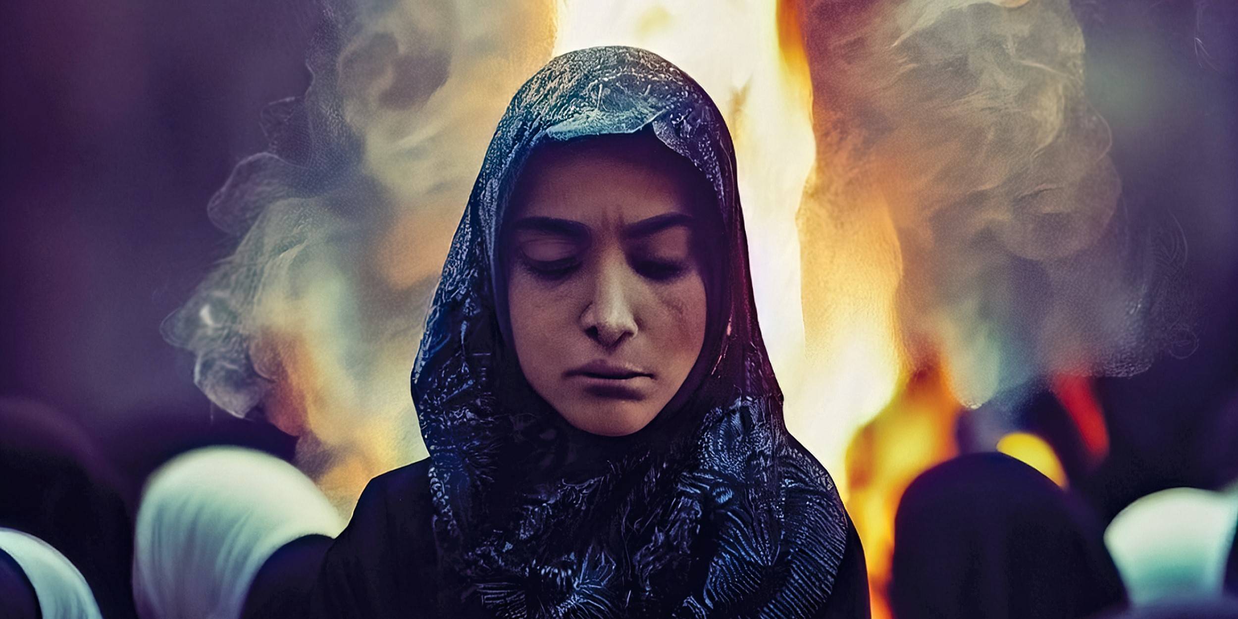 3d rendering of woman in Iran wearing a hijab with fire in the background, protesting in the streets, fighting for women's rights